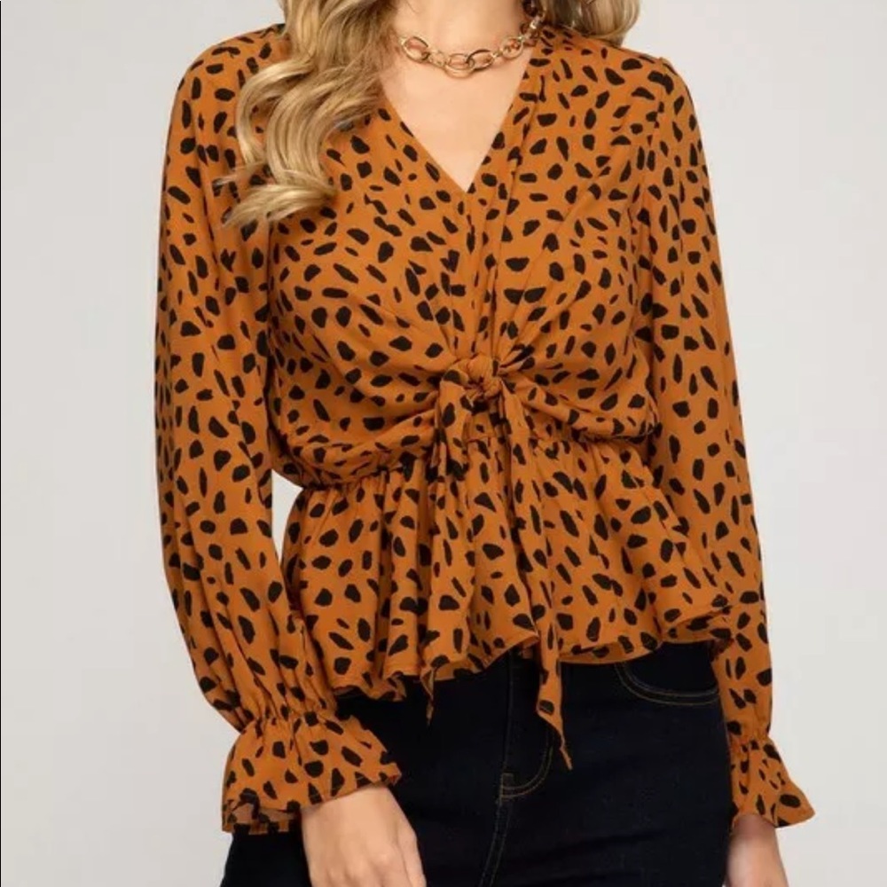 Women's Black and Tan Cheetah Animal Print Blouse Top Shirt V Neck Tie Ruffle